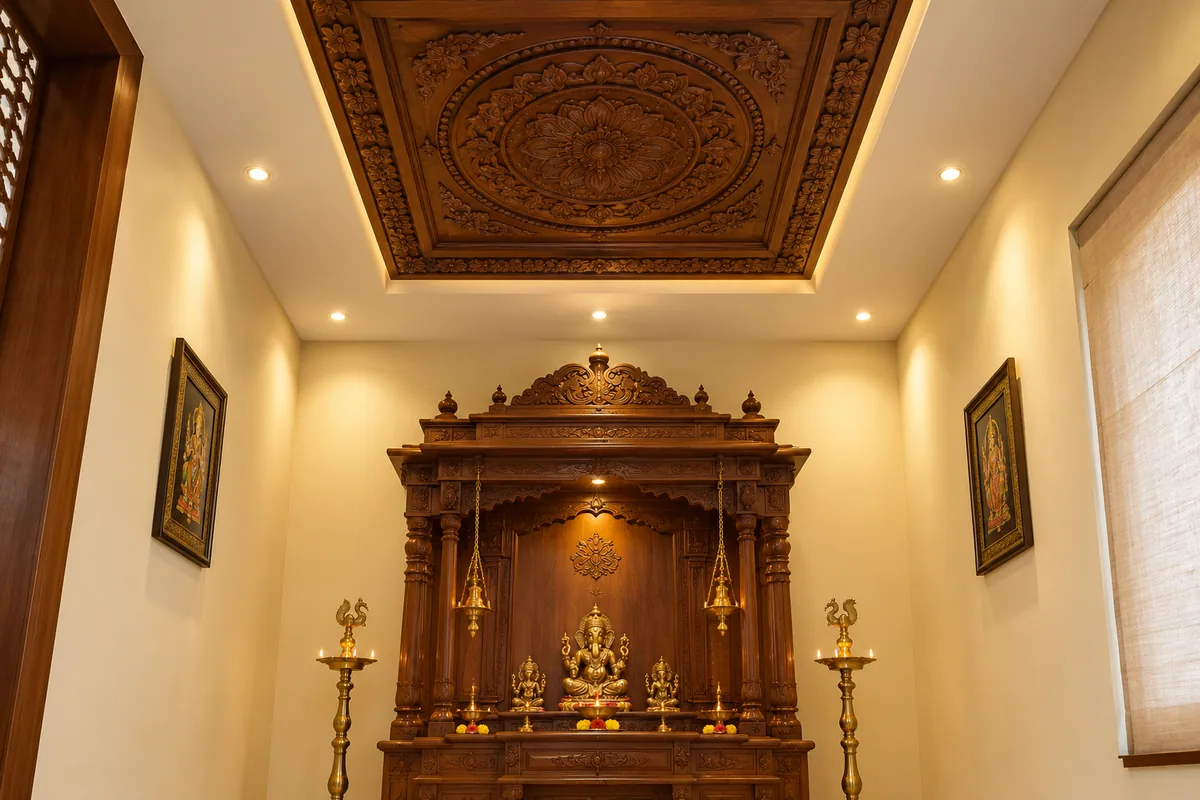 carved teak wooden panel ceiling accent above a wooden mandir in a pooja room