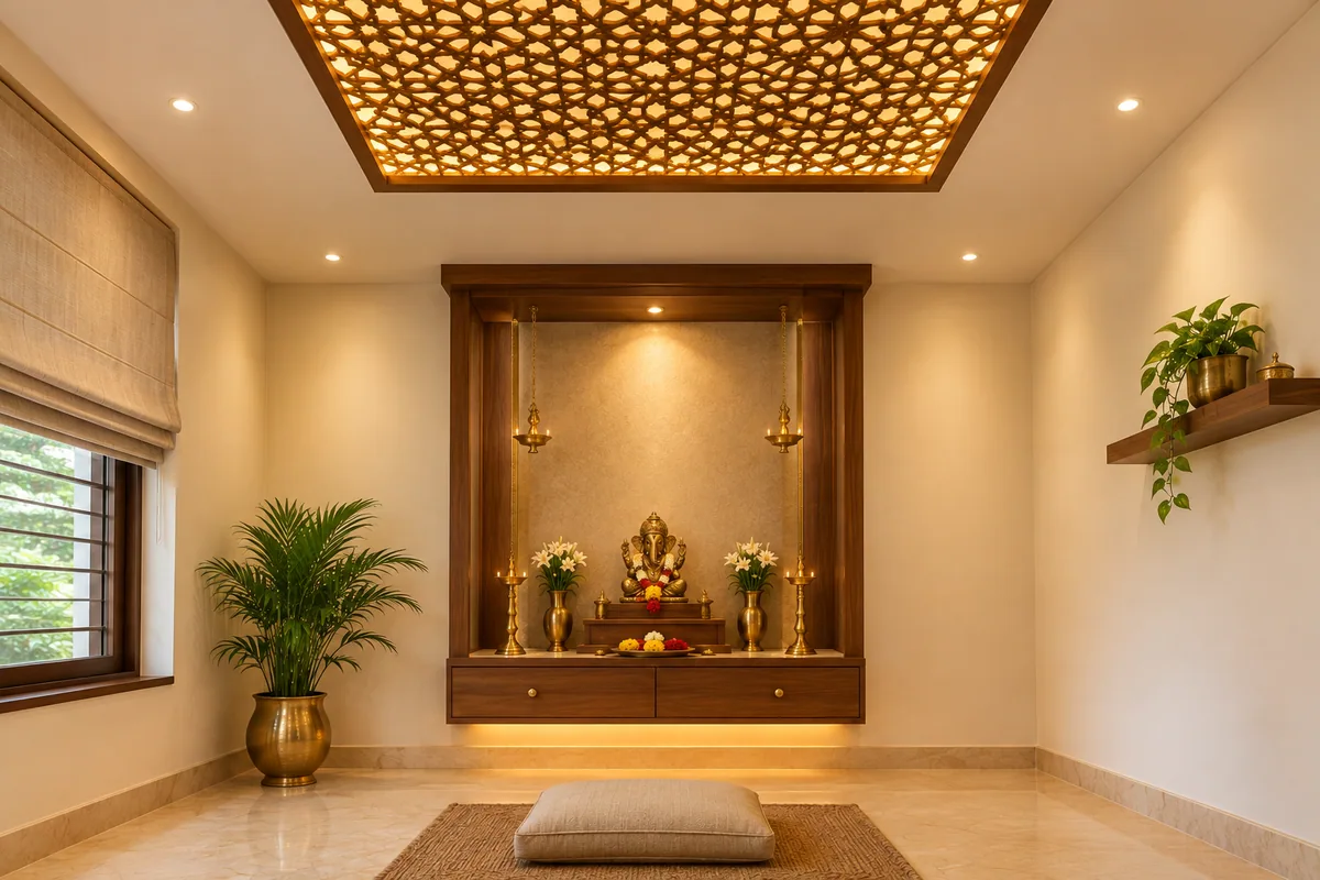 jali lattice ceiling inset with warm backlighting above a teak mandir in a pooja room